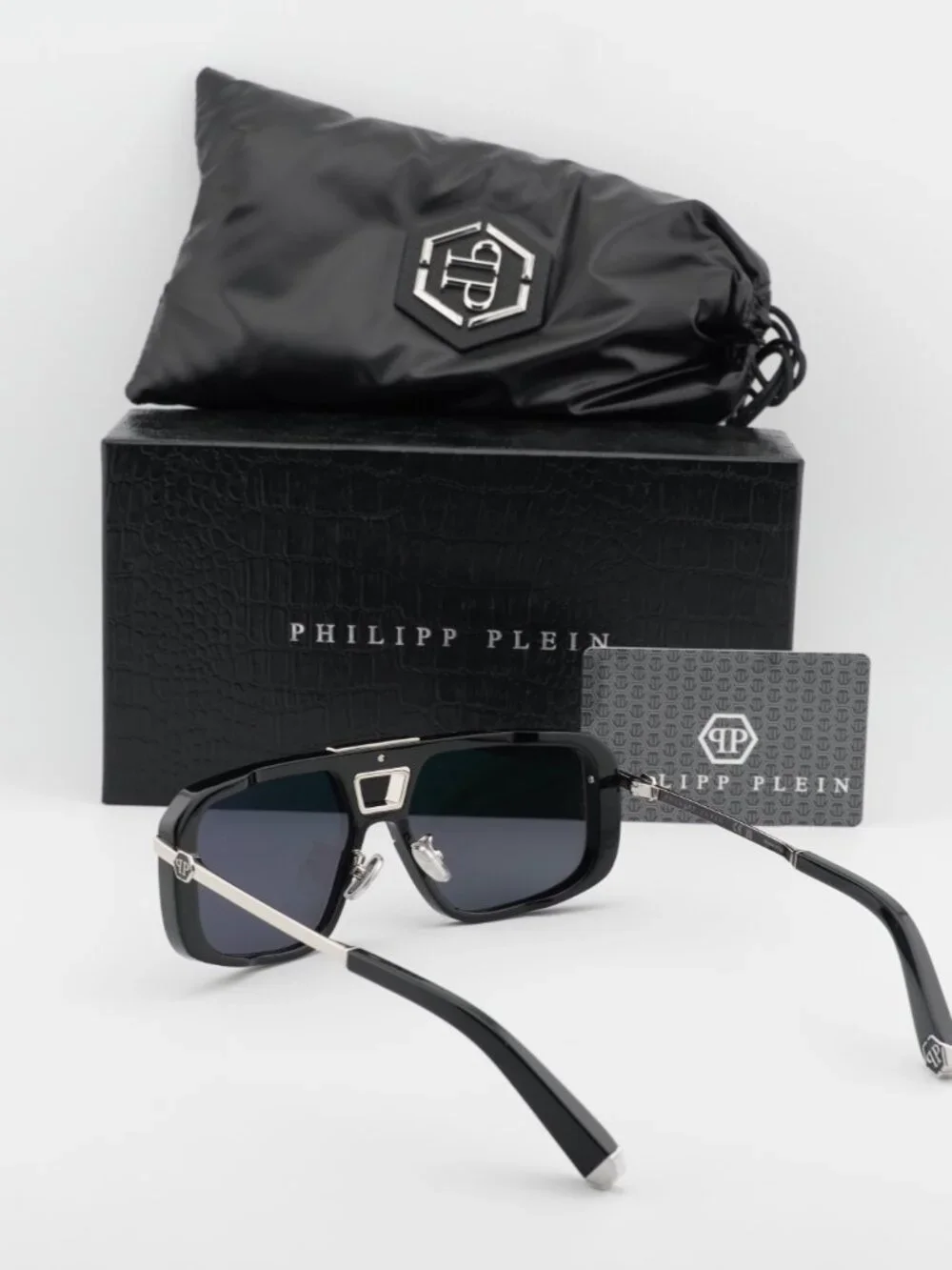 Philipp Plein SPP008M 0700 Aviator Sunglasses – Shiny Black/Grey